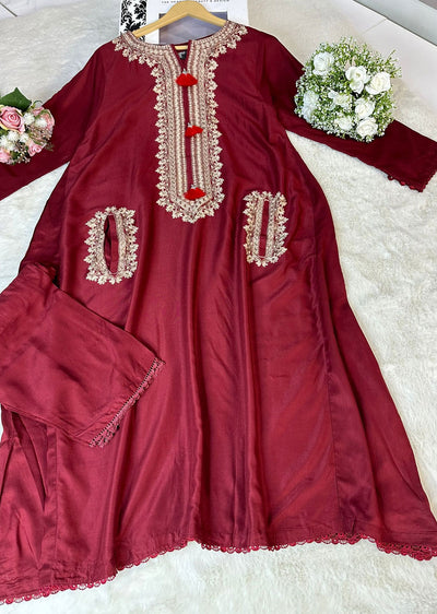 RGZ4014 Aera - Maroon Readymade 2 Piece Linen Suit - Memsaab Online