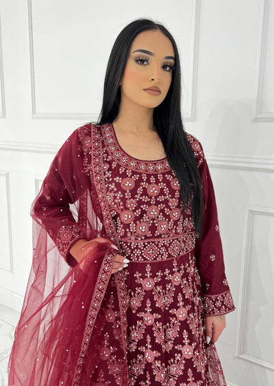 RH2113 Arya - Maroon Fancy Net Maxi Dress - Memsaab Online