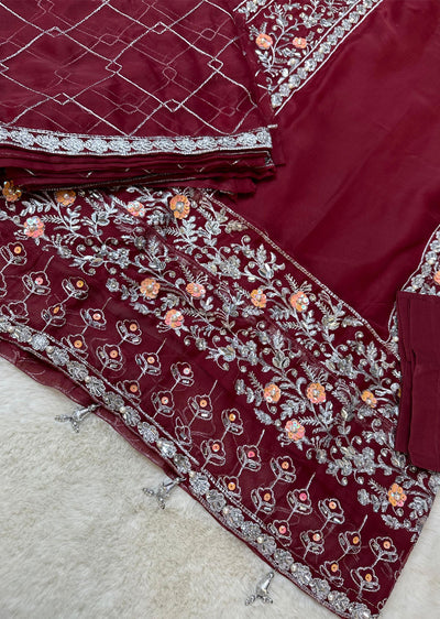 SLM610 Reha - Readymade Maroon Chiffon Outfit - Memsaab Online