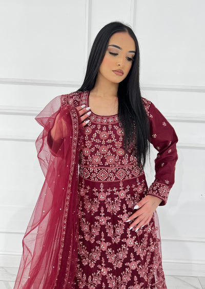 RH2113 Arya - Maroon Fancy Net Maxi Dress - Memsaab Online