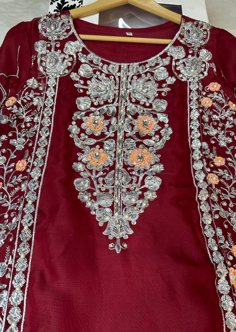 SLM610 Reha - Readymade Maroon Chiffon Outfit - Memsaab Online