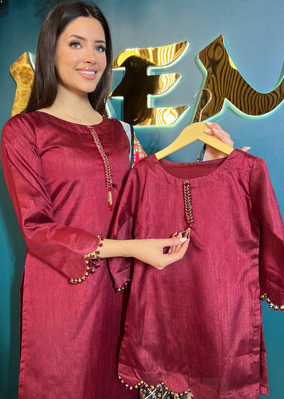 HK265 Zarora - Maroon Readymade Raw Silk Mummy n Me Suit - Memsaab Online