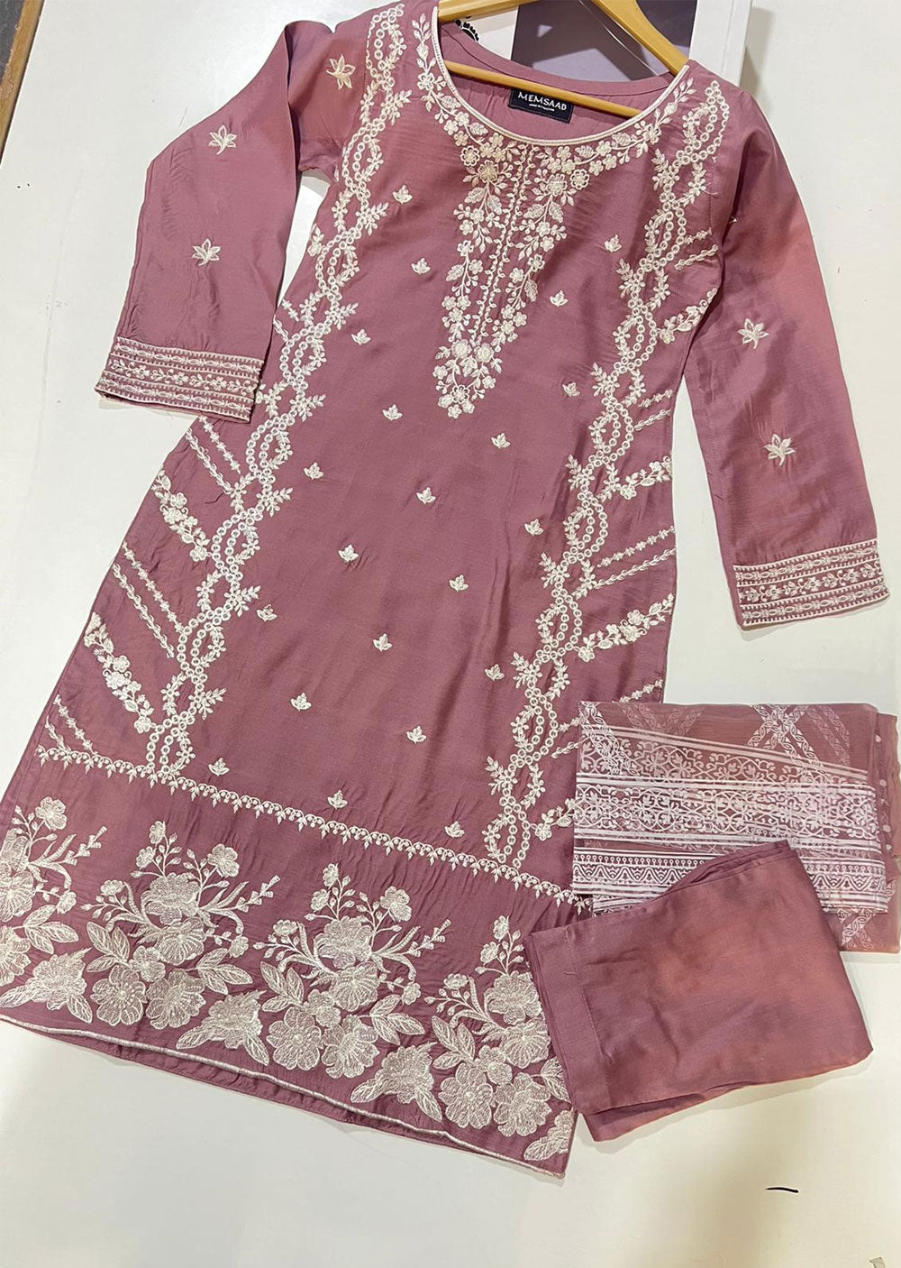 HK247 - Mauve Readymade Linen Mother & Daughter Suit - Memsaab Online