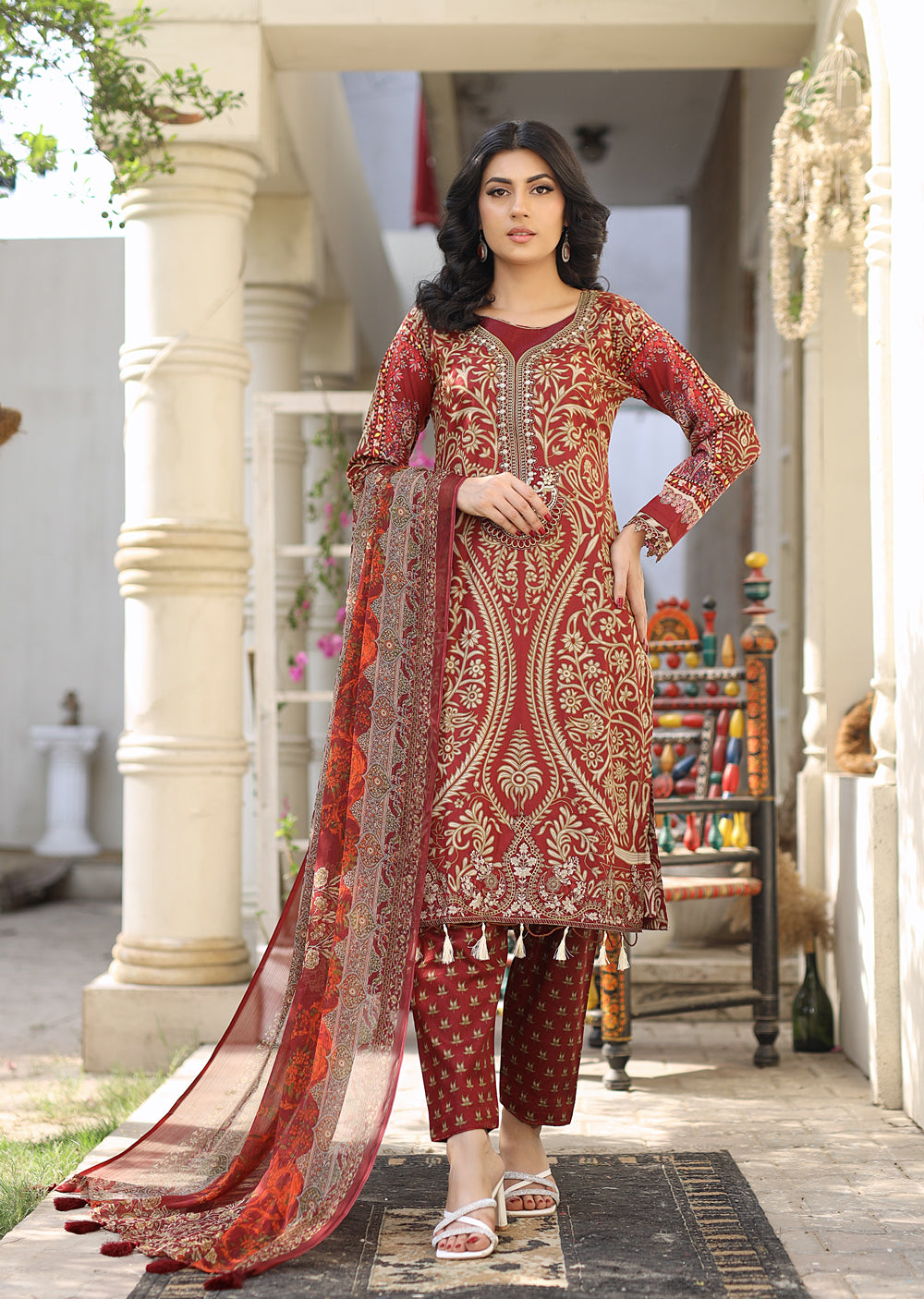 MDNA-09 - Maroon Embroidered Lawn Outfit - Memsaab Online