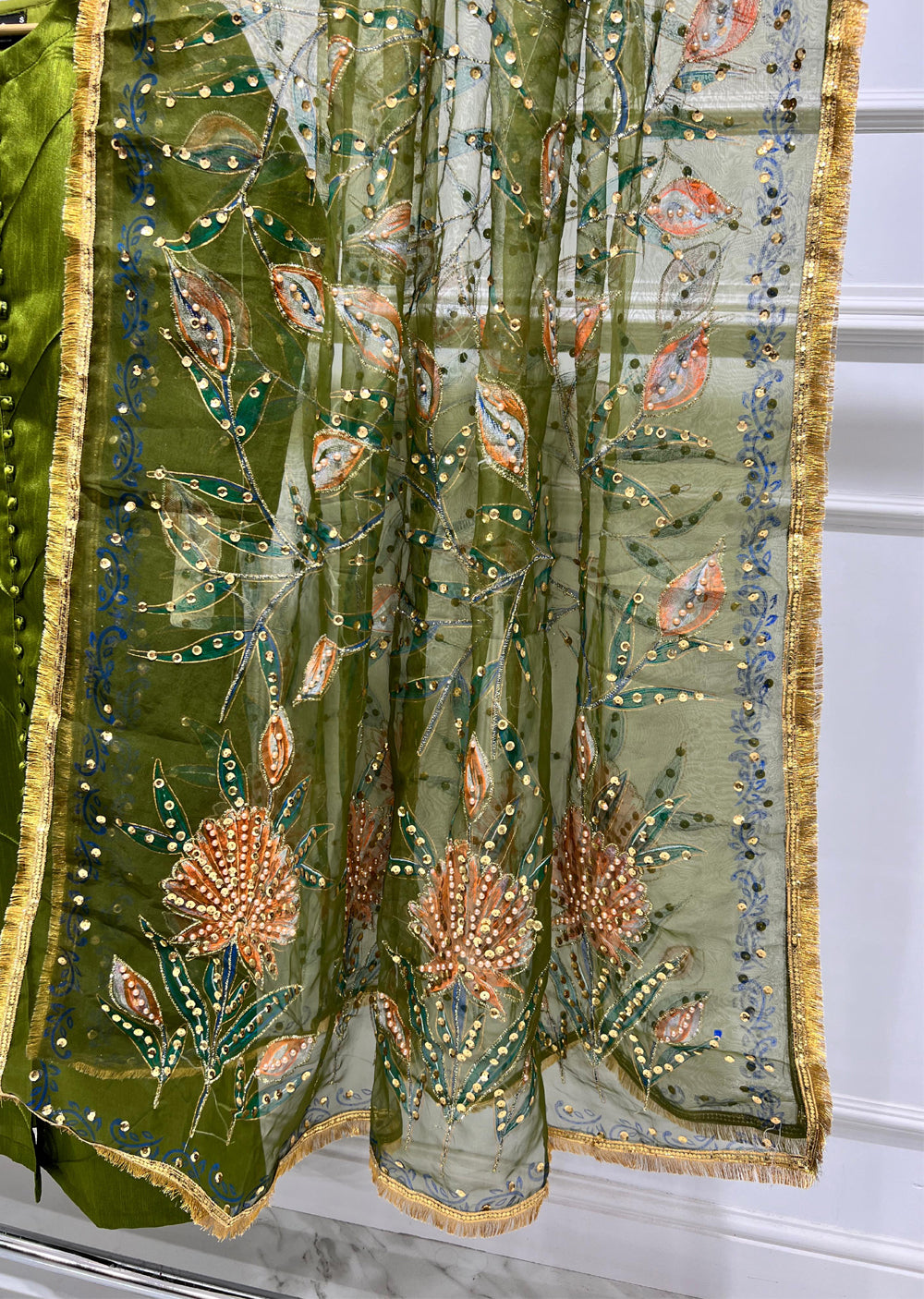 HK275 Rubru - Mendhi Handpainted Duppatta Suit - Memsaab Online