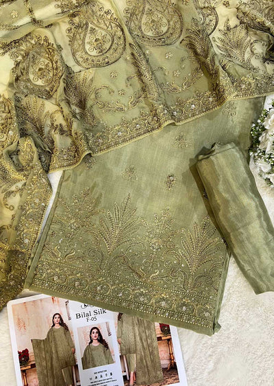 F-05 - Mendhi Green Unstitched Silk/Chiffon Suit - Memsaab Online