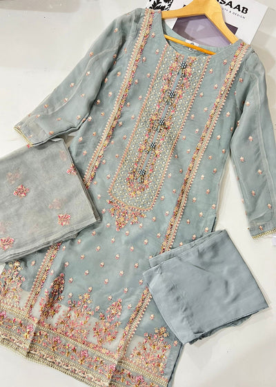 KLD307 Dania - Grey Readymade Organza Suit - Memsaab Online