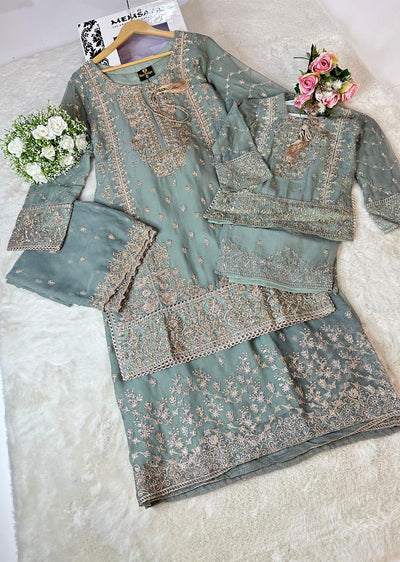 ASK603 Green Readymade Chiffon Mummy n Me Suit - Memsaab Online