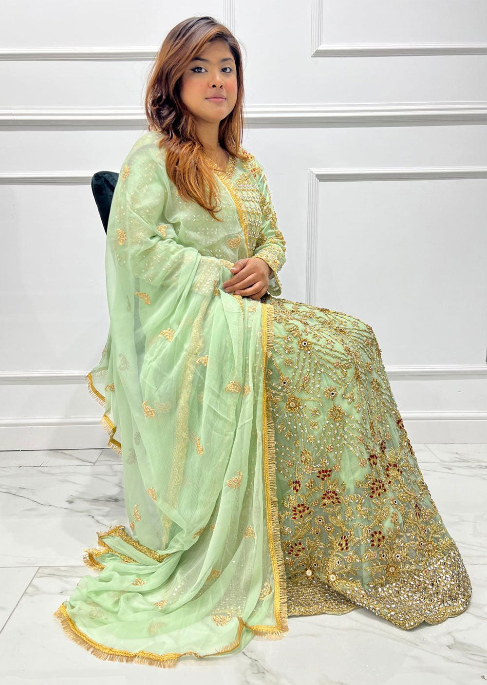 SHAZ9003 Mint Readymade Chiffon Party Gown - Memsaab Online