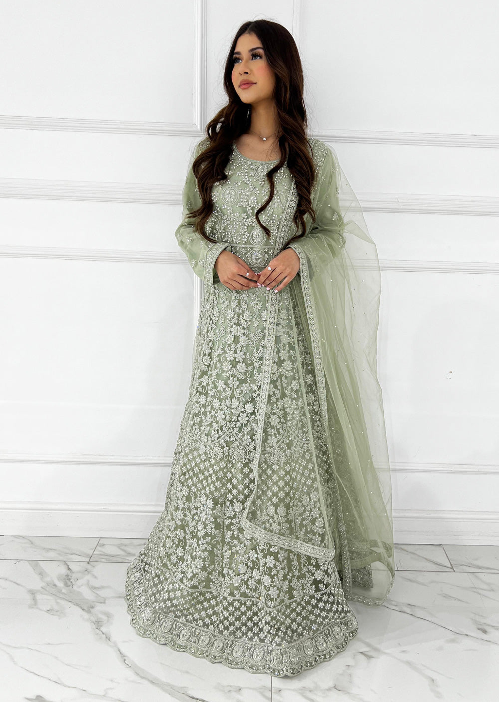 RH2112 Riya - MINT Fancy Net Maxi Dress - Memsaab Online