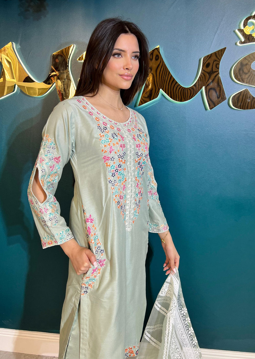 HK248 - Mint Readymade Linen Suit - Memsaab Online