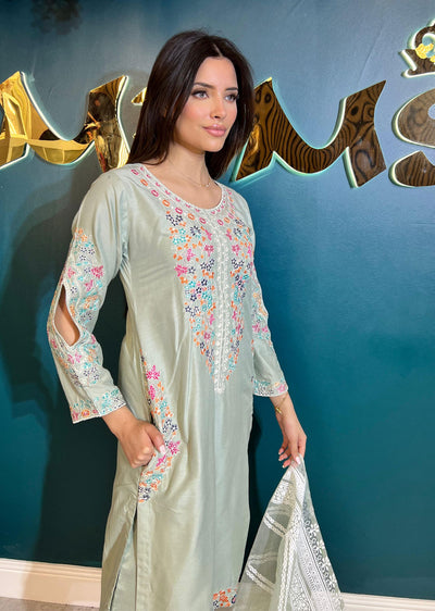 HK248 - Mint Readymade Linen Suit - Memsaab Online