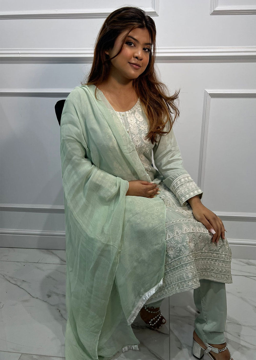 HK266 Dune - Mint Readymade Linen Suit - Memsaab Online