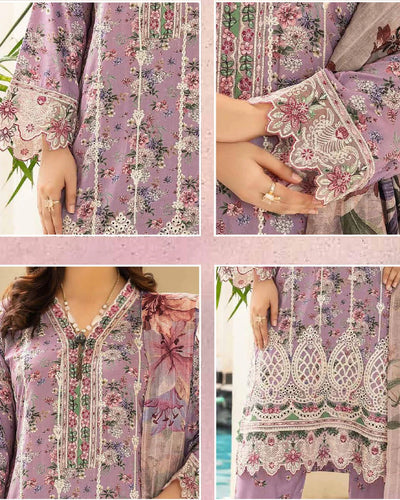 MSL-07 Readymade Munira Khazaan Lavender Linen Suit - Memsaab Online