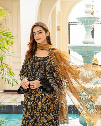 MSL-04 Readymade Munira Khazaan Black Linen Suit - Memsaab Online