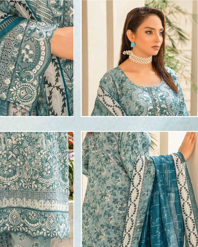 MSL-03 Readymade Munira Khazaan Aqua Linen Suit - Memsaab Online