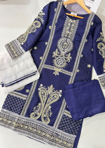 KLD304 Effat - Navy Readymade Khadi Net Suit - Memsaab Online