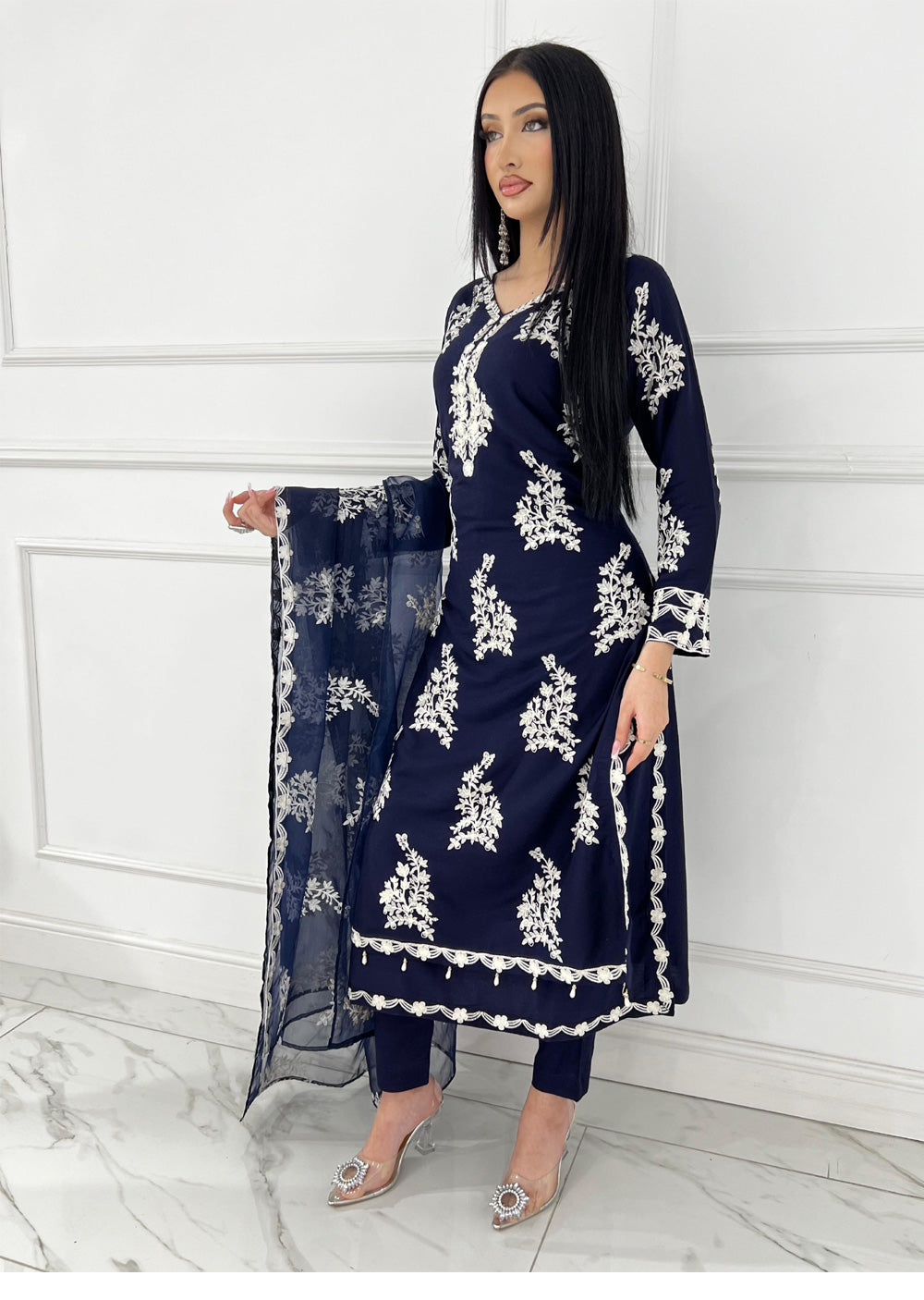 HK283 - Resha - Navy Mother & Daughter Linen Double Layer Suit - Memsaab Online