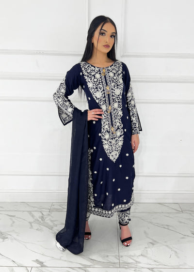 HK271 Jabeen - Navy Linen Oufit - Memsaab Online