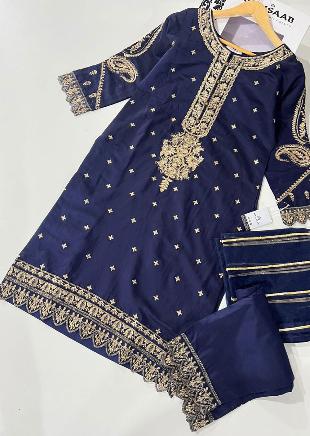 KLD317 Hoor - Navy Readymade Khadi Net Suit - Memsaab Online