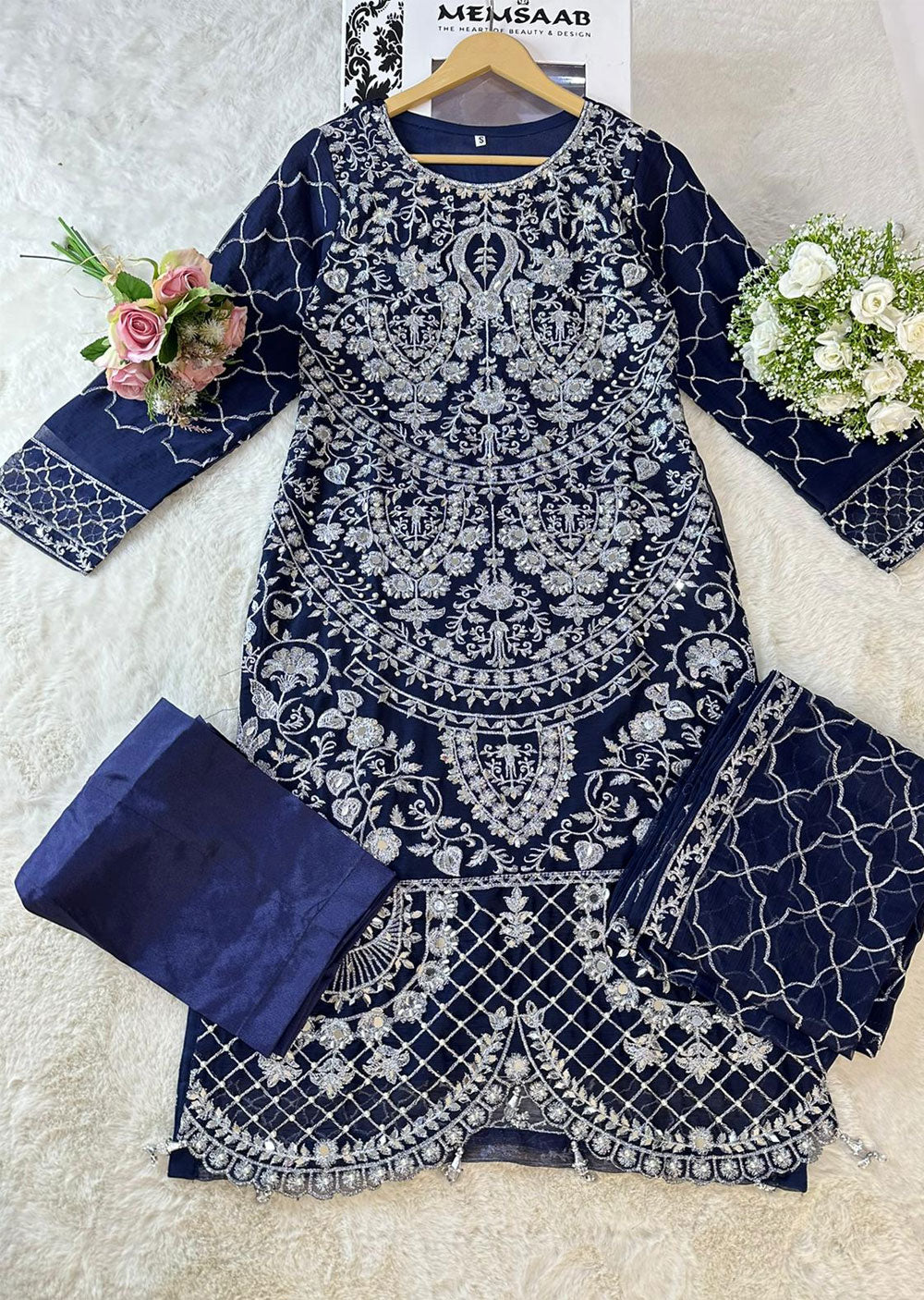 SLM607 Raina - Readymade Navy Chiffon Outfit - Memsaab Online