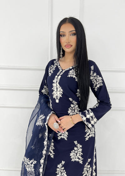 HK283 - Resha - Navy Linen Double Layer Suit - Memsaab Online