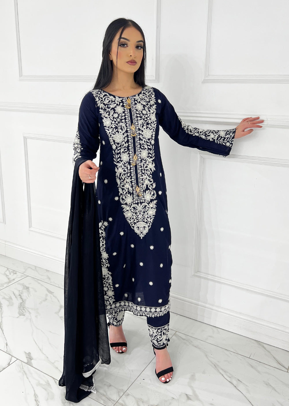 HK271 Jabeen - Navy Linen Oufit - Memsaab Online