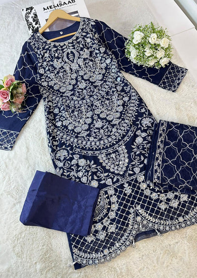 SLM607 Raina - Readymade Navy Chiffon Outfit - Memsaab Online