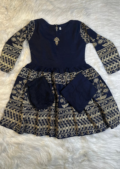 HK298 - Navy - Readymade - Mother & Daughter Linen Outfit 2025 - Memsaab Online