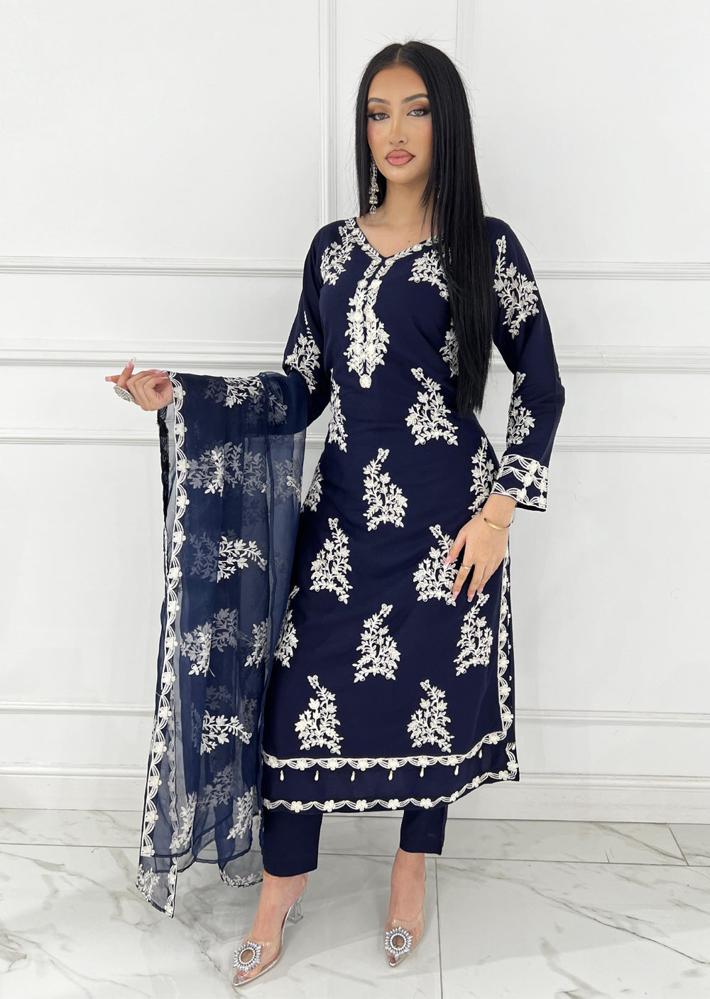 HK283 - Resha - Navy Mother & Daughter Linen Double Layer Suit - Memsaab Online