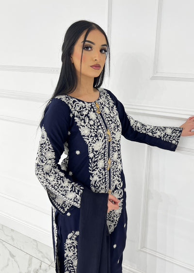 HK271 Jabeen - Navy Linen Oufit - Memsaab Online