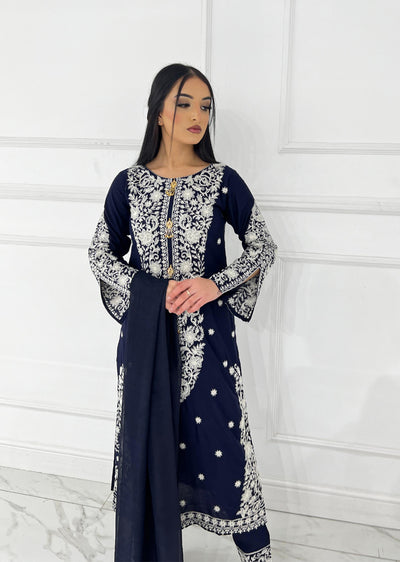 HK271 Jabeen - Navy Linen Oufit - Memsaab Online