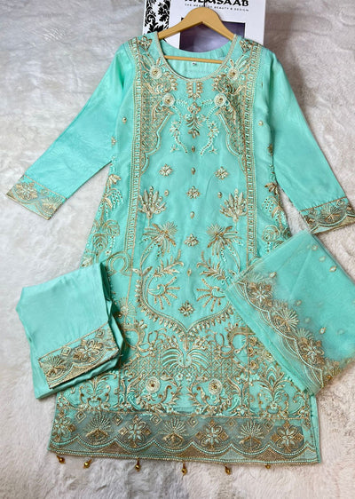 ASK663 Readymade Organza Green Suit - Memsaab Online