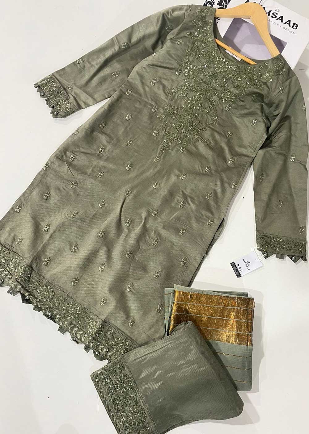 KLD313 Chand - Olive Readymade Khadi Net Suit - Memsaab Online