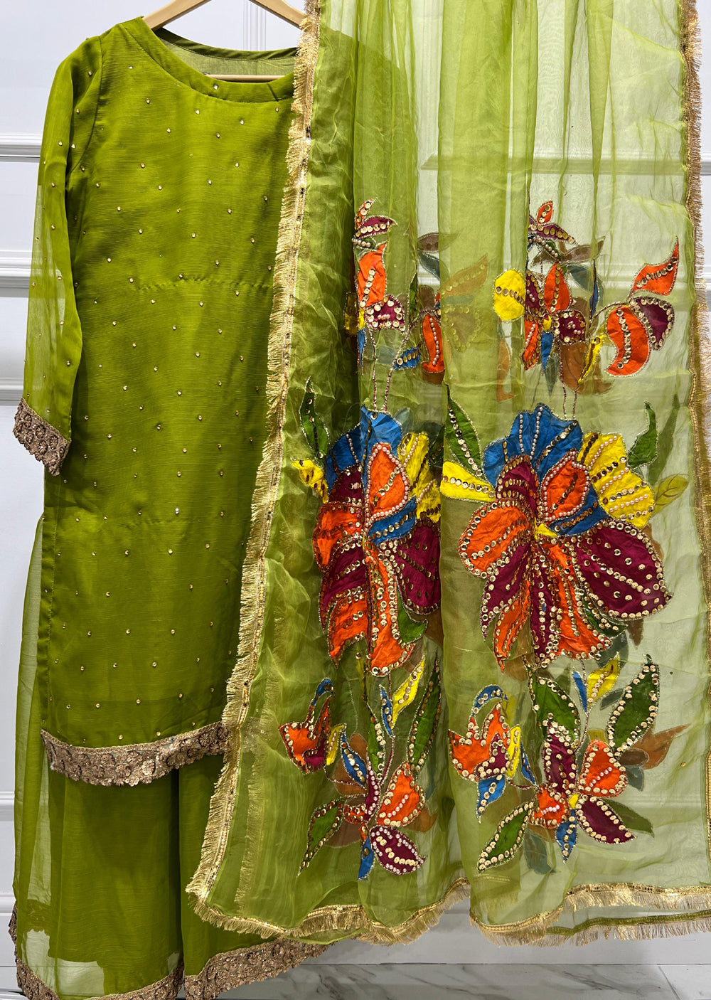 HK270 Hashish - Olive Green Readymade Chiffon Suit - Memsaab Online