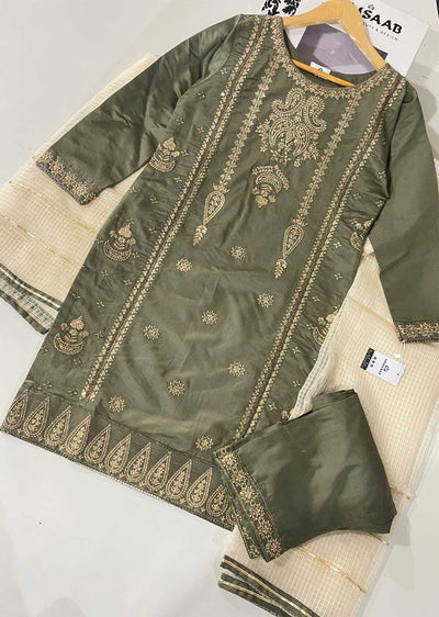 KLD316 Falak - Olive Readymade Khadi Net Suit - Memsaab Online