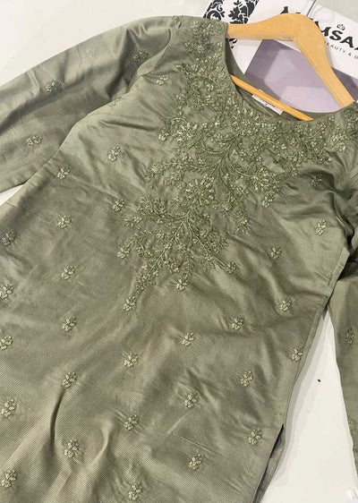 KLD313 Chand - Olive Readymade Khadi Net Suit - Memsaab Online