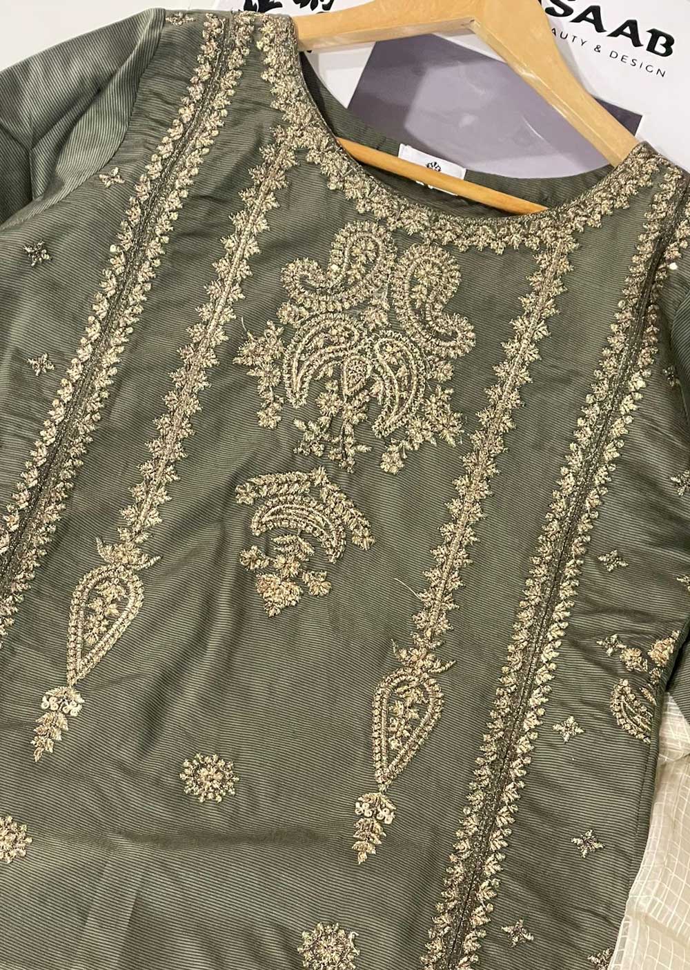 KLD316 Falak - Olive Readymade Khadi Net Suit - Memsaab Online