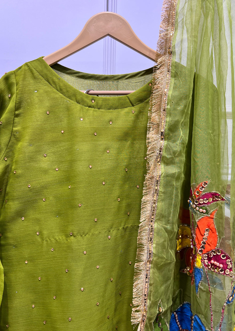 HK270 Hashish - Olive Green Readymade Chiffon Suit - Memsaab Online