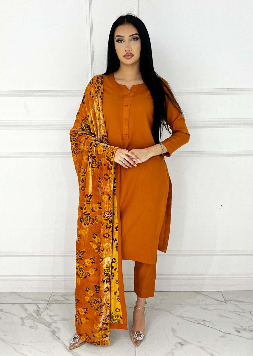 ASBC-01 - Orange - Readymade Dhanak with Palachi Shawl Suit - Memsaab Online