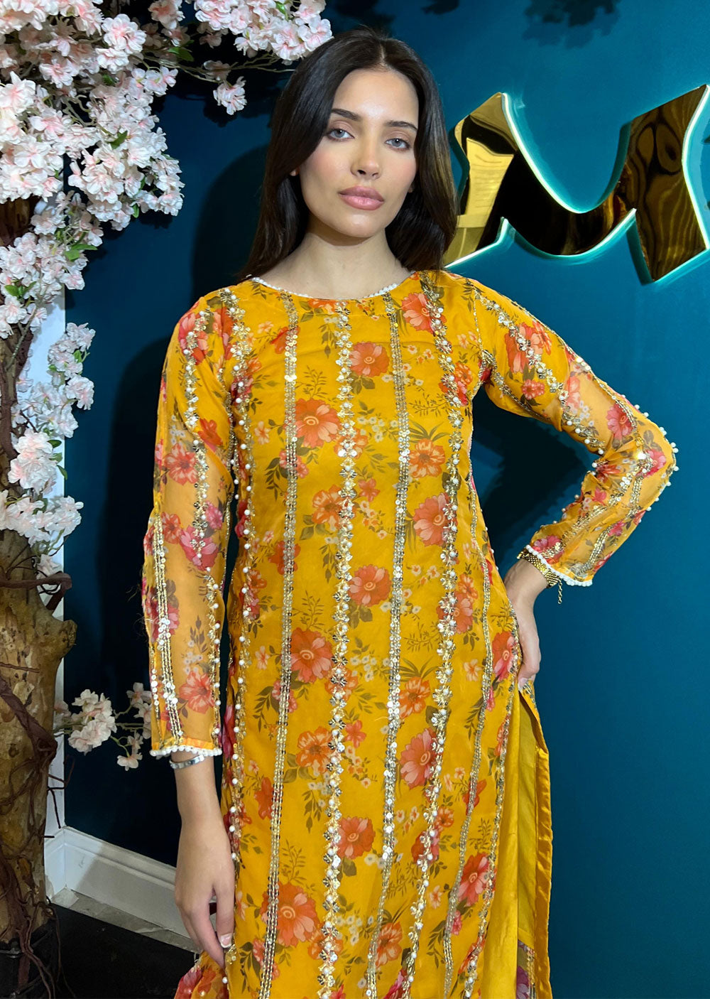 HK269 Zarifa - Mustard Readymade Organza Suit - Memsaab Online