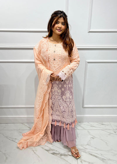 SJN3082 Rekha - Peach/Lilac Readymade Chiffon Suit - Memsaab Online