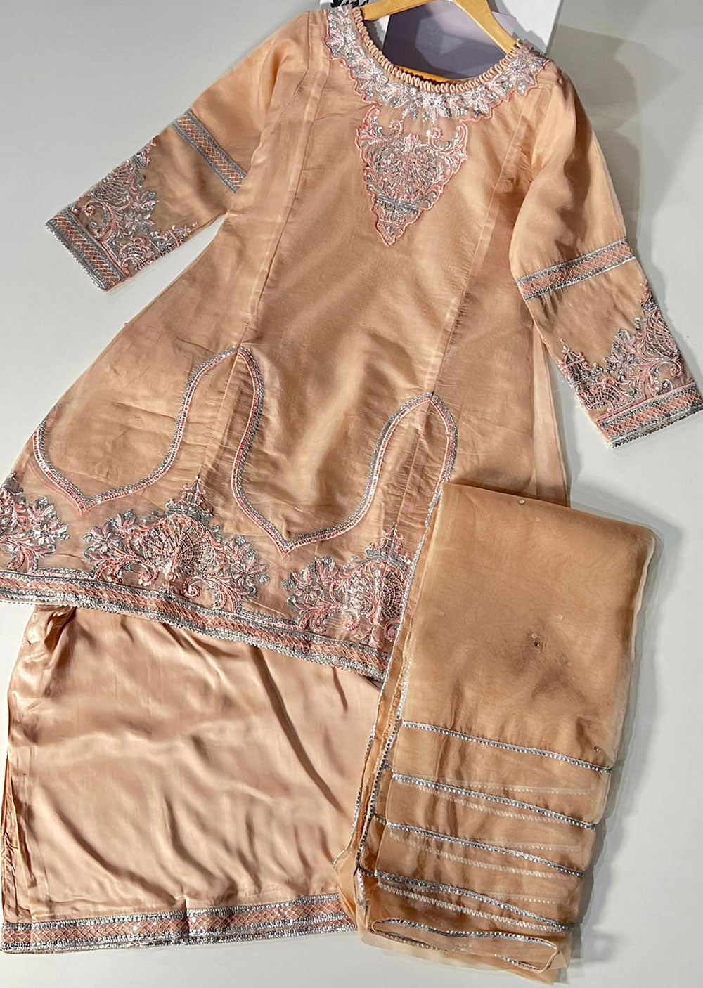 KLD326 Omera - Peach Readymade Cotton net suit - Memsaab Online