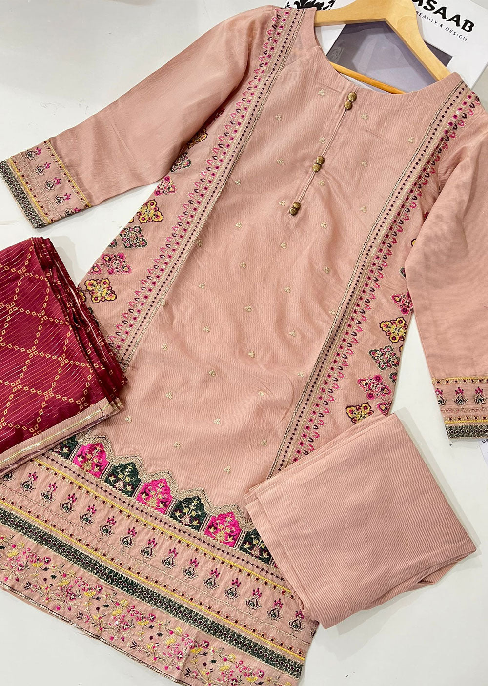 KLD301 Zimal - Peach Readymade Khadi Net Suit - Memsaab Online