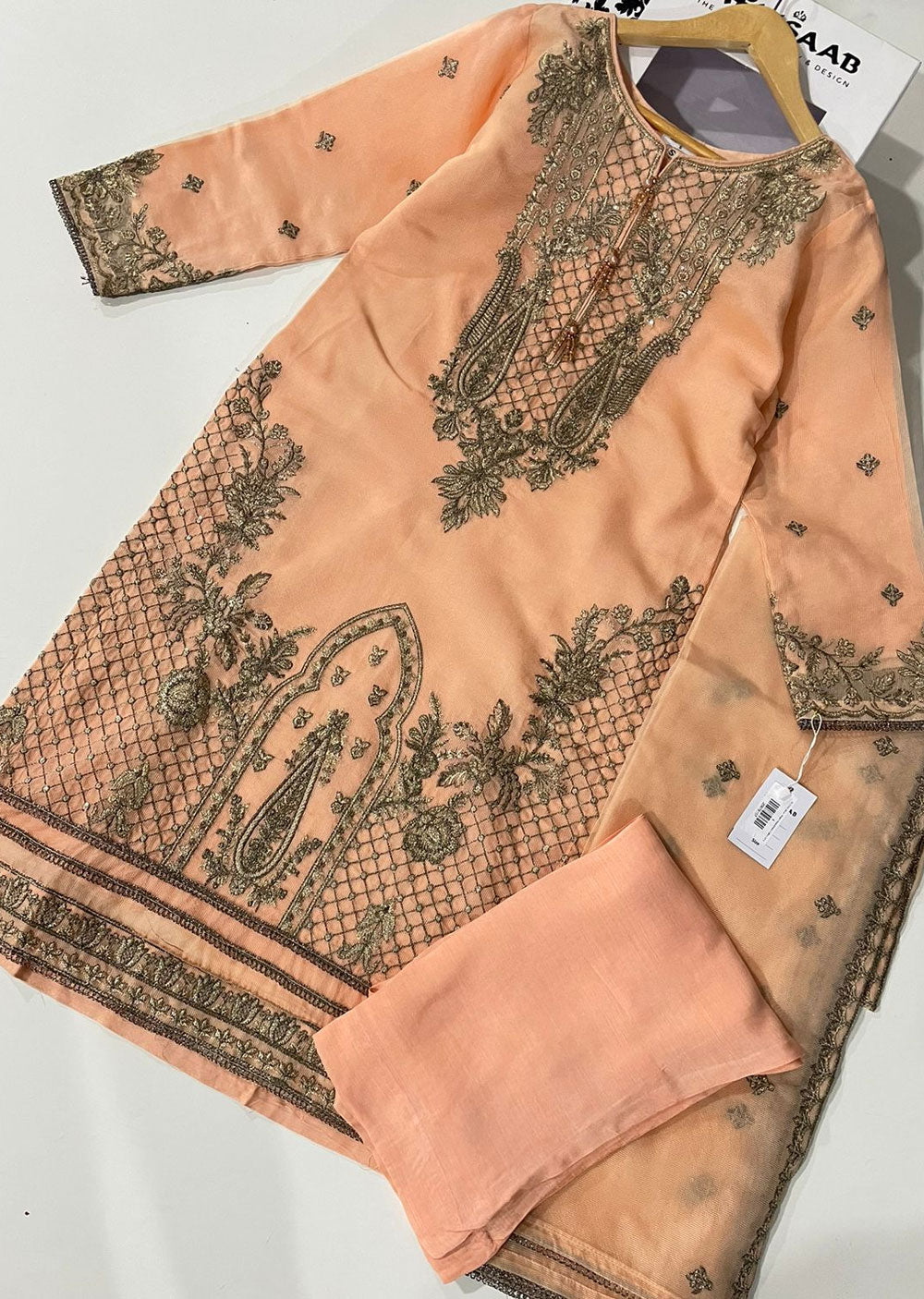 KLD324 Myra - Peach Readymade Cotton net suit - Memsaab Online
