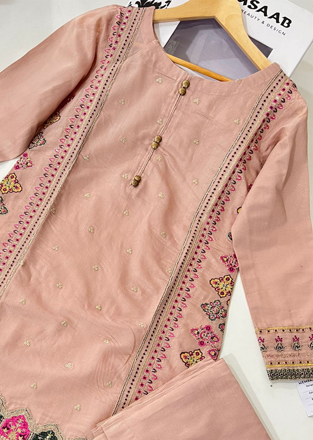 KLD301 Zimal - Peach Readymade Khadi Net Suit - Memsaab Online