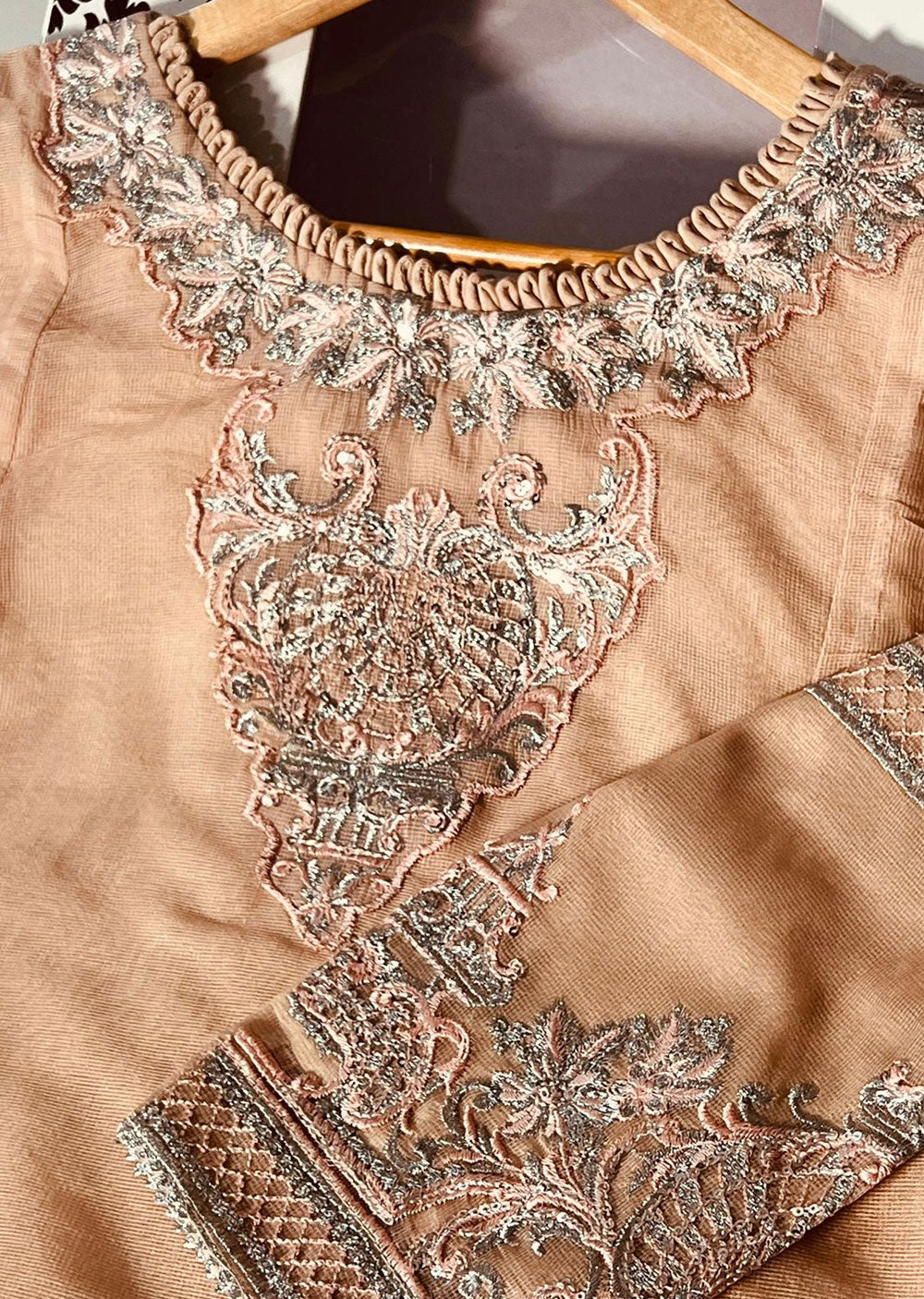 KLD326 Omera - Peach Readymade Cotton net suit - Memsaab Online