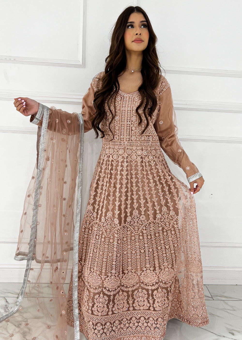 RH2109 Mayal - Peach Fancy Net Maxi Dress - Memsaab Online