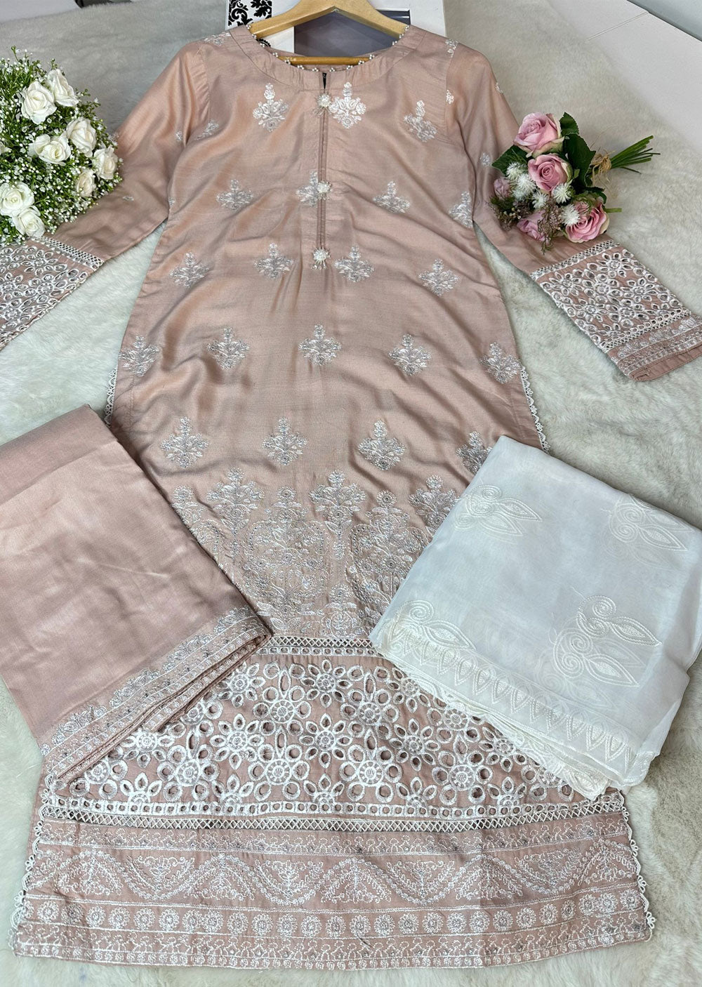 RGZ4017 Lilly - Peach Readymade Linen Suit - Memsaab Online