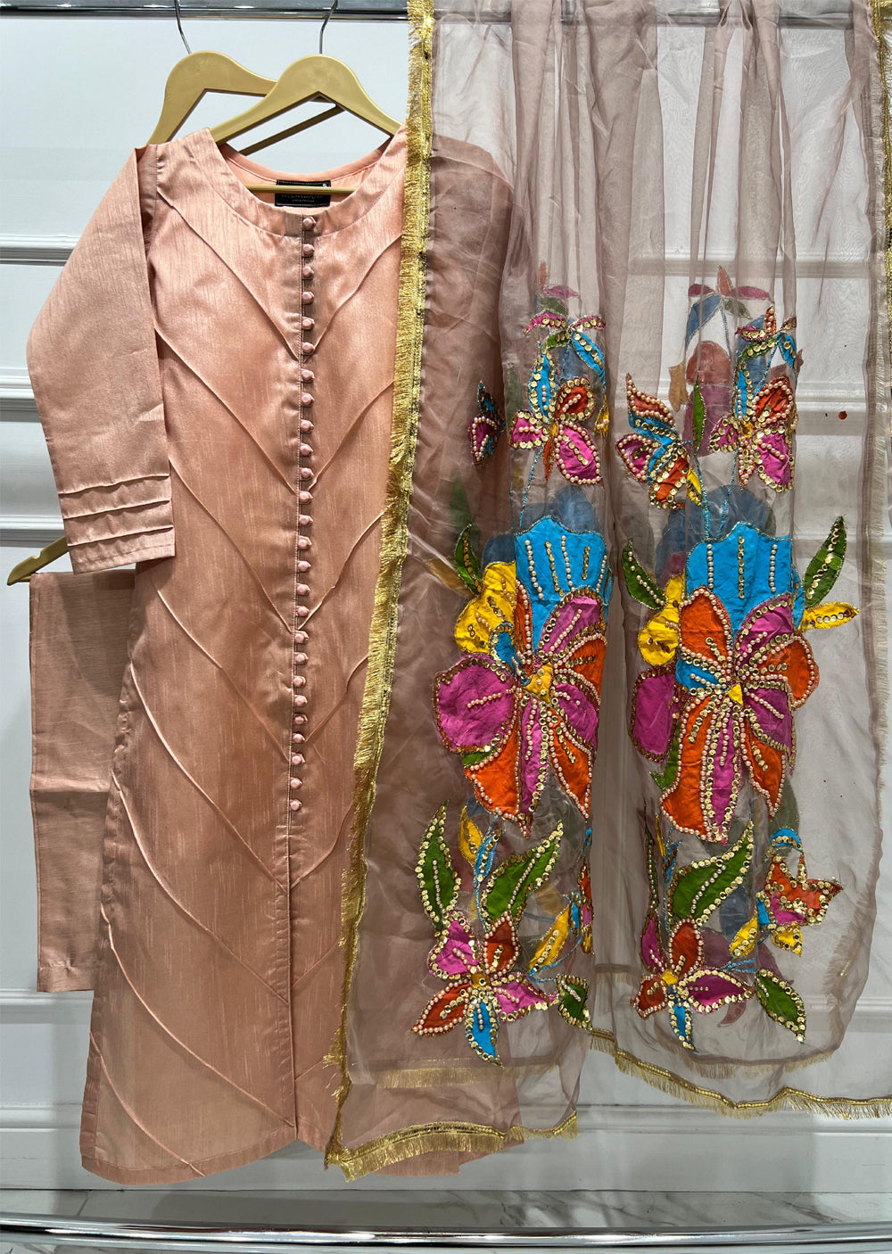 HK275 Rubru - Peach Handpainted Duppatta Suit - Memsaab Online